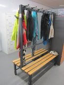 1 x wood slatted metal framed changing room bench with upper clothes hanging, length: 1300mm x
