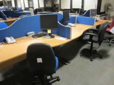 12 x wood effect waved front desks, 1600mm x 1000mm, 14 x upholstered desk partitioning screen