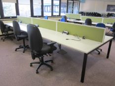 2 x Bench suites comprising of: 6 x pod desks - mounted on one metal frame, approx. 4.8m x 1.6m, 4 x