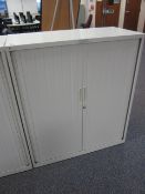 2 x metal tambour fronted cupboards, approx. height: 1150mm x width: 1000mm x depth: 475mm