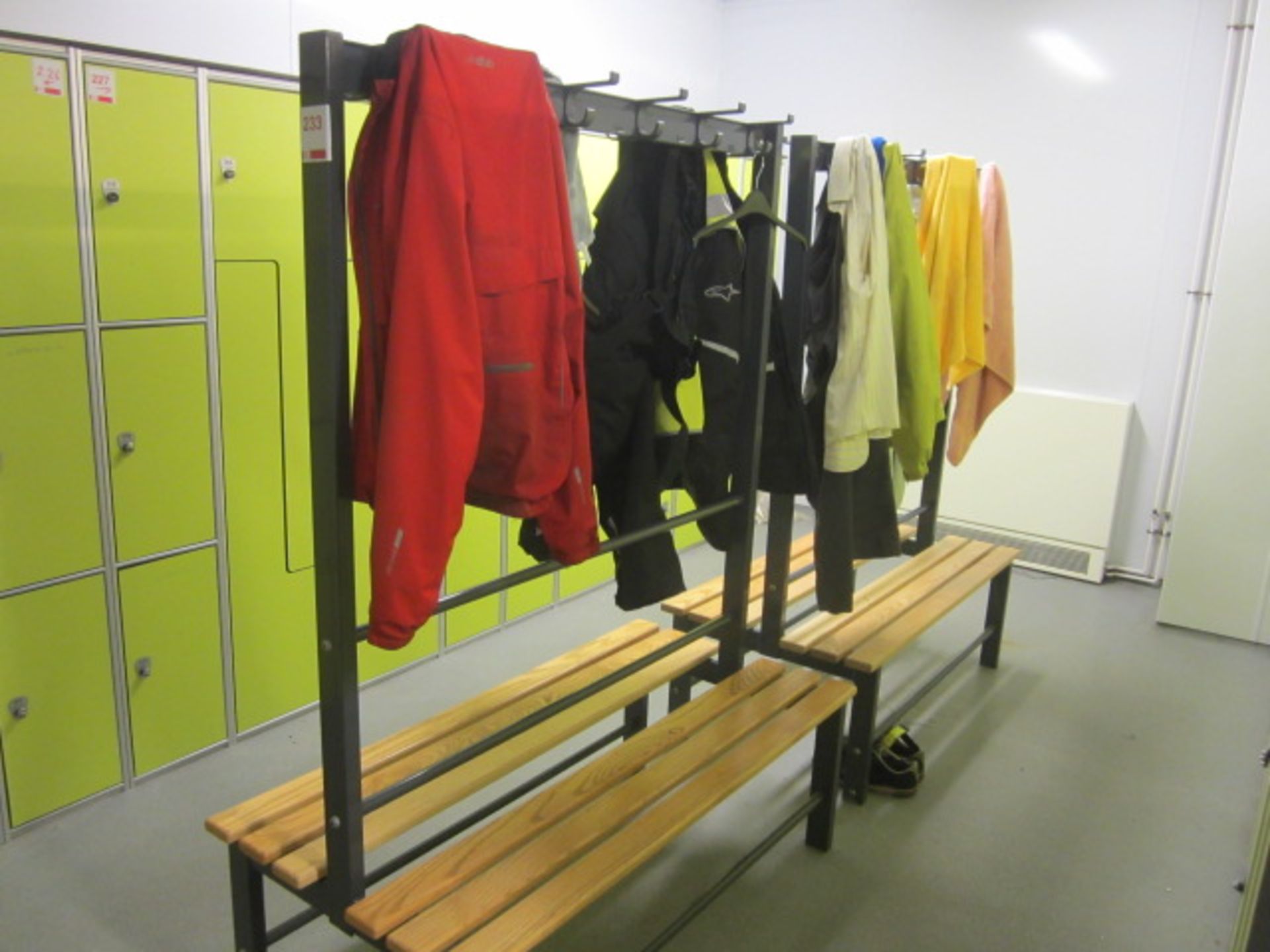 2 x wood slatted metal framed changing room bench with upper clothes hanging, length: 1300mm x - Image 4 of 4