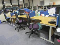 Desk suite comprising of: 6 x wood effect corner workstations, 1600mm x 1200mm, 9 x upholstered desk