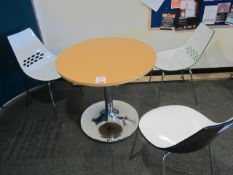 4 x wood effect circular tables with chrome pedestal, 750mm diameter, 7 x chrome leg plastic canteen