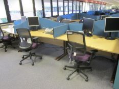 Desk suite comprising of: 6 x wood effect waved front desks, 1600mm x 1000mm, 7 x upholstered desk