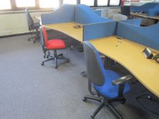 Desk suite comprising of: 6 x wood effect waved front desks, 1600mm x 1000mm, 7 x upholstered desk