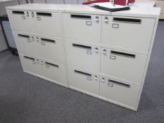 2 x Bisley metal lateral file lockers (6 door) with postal slot, approx. height: 1150mm x width: