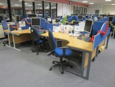 Desk suite comprising of: 12 x wood effect corner workstations, 1600mm x 1200mm, 16 x upholstered