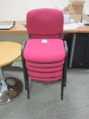 5 x Black framed Pink upholstered stacking meeting chairs and 1 x lightwood effect circular