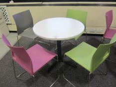 2 x circular canteen tables, approx. dia. 800mm with 4 x chrome frame plastic canteen chairs,