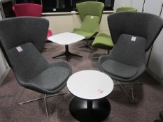 2 x Grey upholstered wing back chairs with white melamine top circular coffee table, 600mm dia.