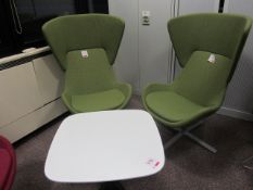 2 x Green upholstered swivel wing back chairs with white melamine top coffee table, 700mm x 700mm