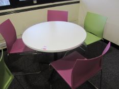 2 x circular canteen tables, approx. dia. 900mm with 4 x chrome frame plastic canteen chairs,