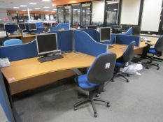 15 x wood effect waved front desks, 1600mm x 1000mm, 18 x upholstered desk partitioning screen