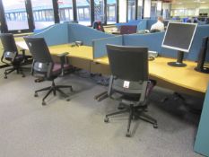 Desk suite comprising of: 6 x wood effect waved front desks, 1600mm x 1000mm, 7 x upholstered desk