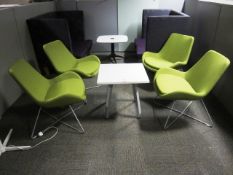 4 x Lime Green upholstered break out chairs with white melamine top coffee table, 600mm x 600mm