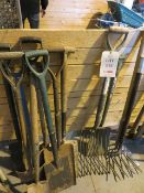 Two Pick Axes, Three Forks, Nine Various ShovelsLot located at: Unit 2 Stonestile Business Park,