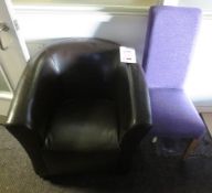 Brown leather-effect tub style arm chairs and oak framed, purple cloth upholstered dining chairs