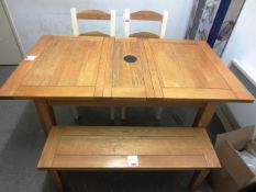 Oak dining table, approx. 1650 x 900mm work bench seat and two dining chairs