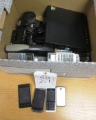 Miscellaneous lot of calculators, hole punches, staples and 4 assorted mobile handsets