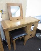 Oak framed triple drawer dressing table, approx., 1150 x 480mm with Oak framed mirror & leather