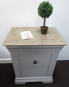 Grey painted timber framed twin drawer bedside table (bottom handle missing, (Showroom Furniture))