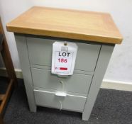 Oak, grey painted triple drawer bedside table (Showroom furniture: handles screwed internally for