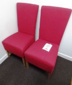 Two oak framed, red cloth upholstered dining chairs