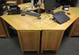 Four oak corner desks table to form desk pod. Each desk max. length 1400mm x 800mm