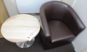 Leather-effect tub arm chair and oak, chrome framed oval coffee table, approx. diameter 600mm (