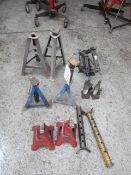 Various axle stands, 2 x bottle jacks, 2 x car scissor jacks