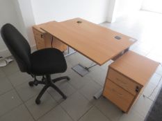 Light-wood office desk, two matching twin drawer pedestal and a black cloth upholstered swivel