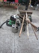 Numatic wet/dry vacuum, quantity of brushes, wheel barrow, squeegee, mop and bucket, watering can,