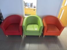 Three assorted colour tub style arm chairs; orange, green and red