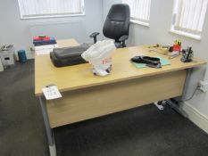 Lightwood effect corner workstation, 3 drawer pedestal unit and counter lever desk, leatherette