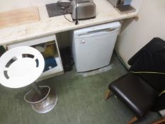 Remaining loose contents of kitchen/canteen to incl. Hotpoint undercounter fridge, stool, toaster,