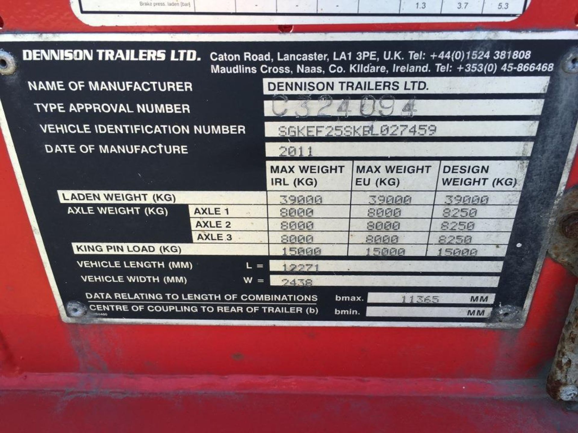 Dennison 14 Lock Sliding Bogie Skeletal trailer, reference 27459, year of manufacture 2011, 3 x - Image 8 of 15