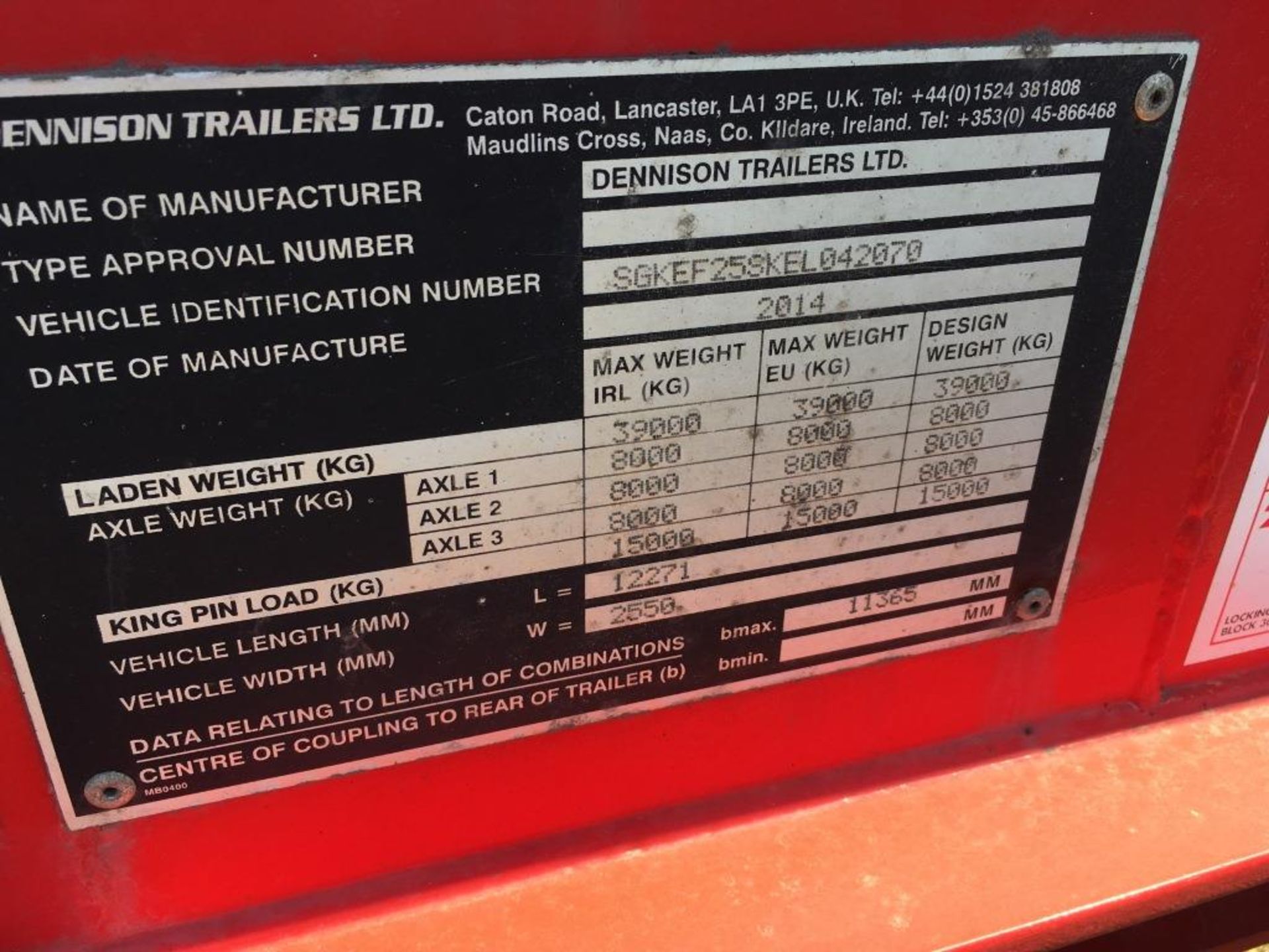 Dennison 14 Lock Sliding Bogie Skeletal trailer, reference 42070, year of manufacture 2014, 3 x - Image 11 of 17