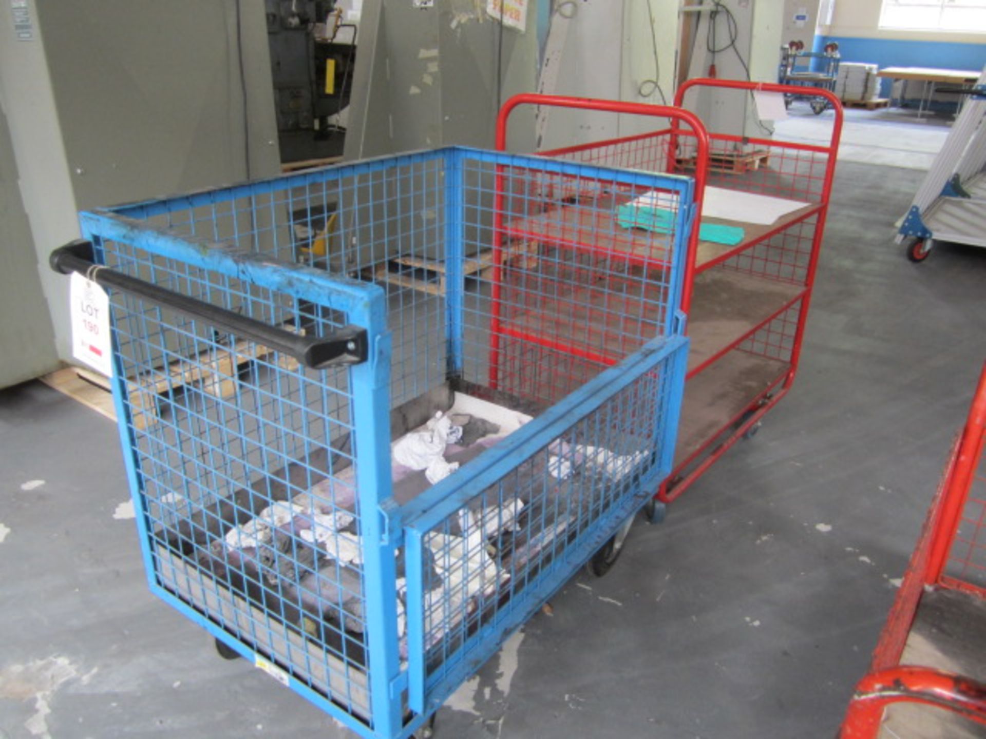 1 x metal mesh sides trolley, 1 x metal frame/ mesh side with 3 shelves. - Lift out charge to be