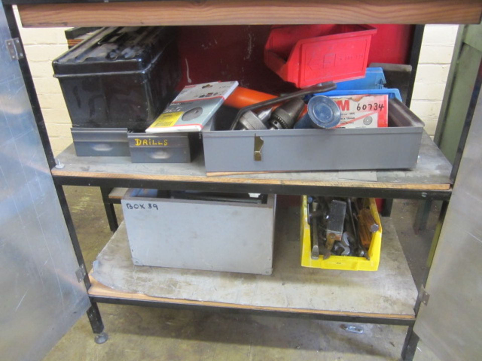 Cabinet and trolley with contents including spanners, drill bits, screw drivers, oil cans, part - Image 3 of 6