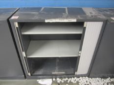 2 x metal tambour fronted cupboards, approx. size 1000mm x 460mm x height 1020mm. - Lift out