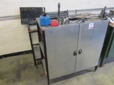 Cabinet and trolley with contents including spanners, drill bits, screw drivers, oil cans, part