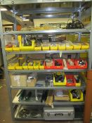 Contents of 3 bays of racking including data cables, various motors, large selection of bearings,