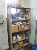 Rack and contents including assorted fittings, glue sticks, water filter cartridges, 2 x Reliance