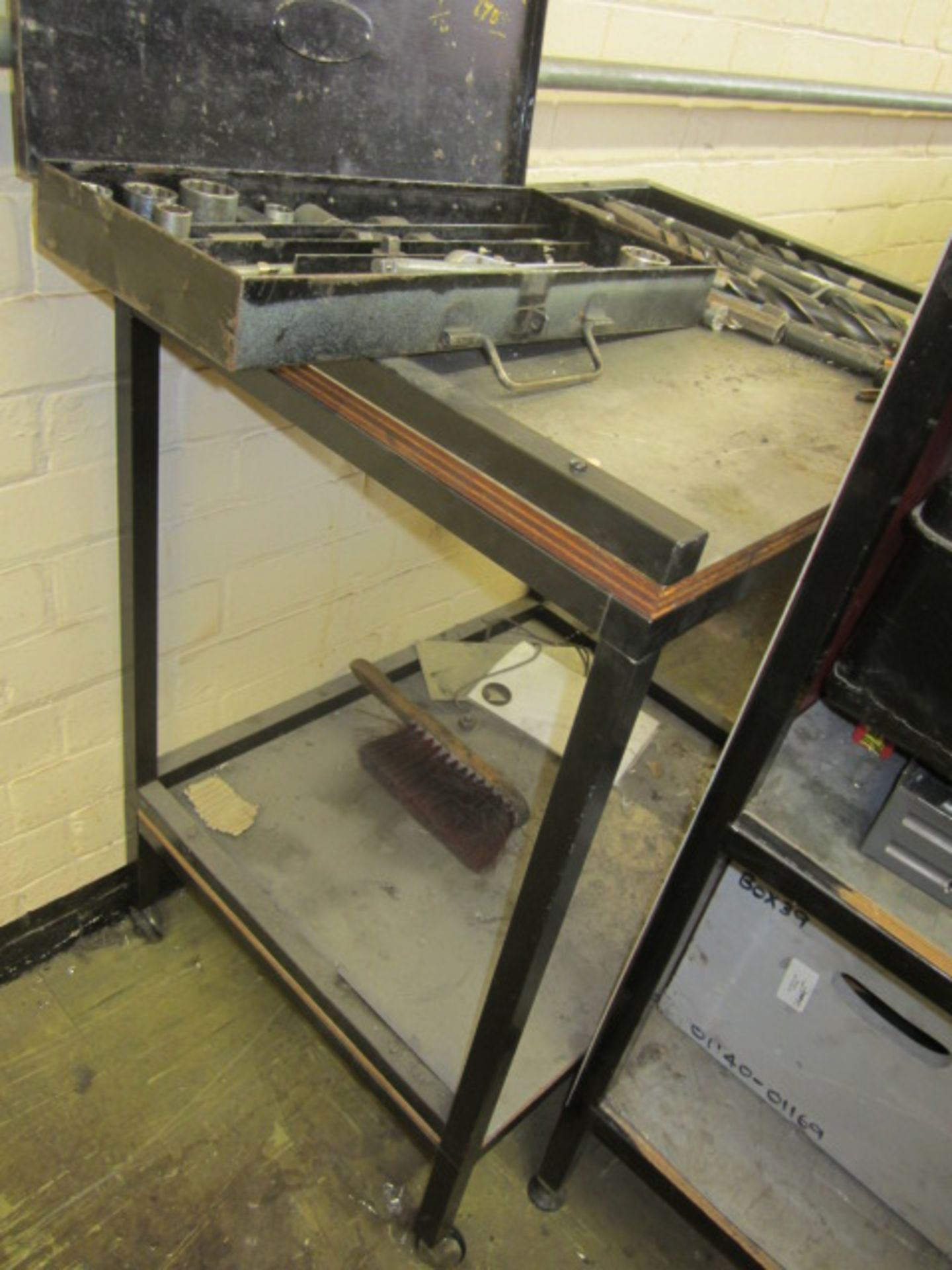 Cabinet and trolley with contents including spanners, drill bits, screw drivers, oil cans, part - Image 2 of 6