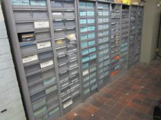 4 x bays of multidrawer storage units with contents including nuts, bolts, washers, handles,