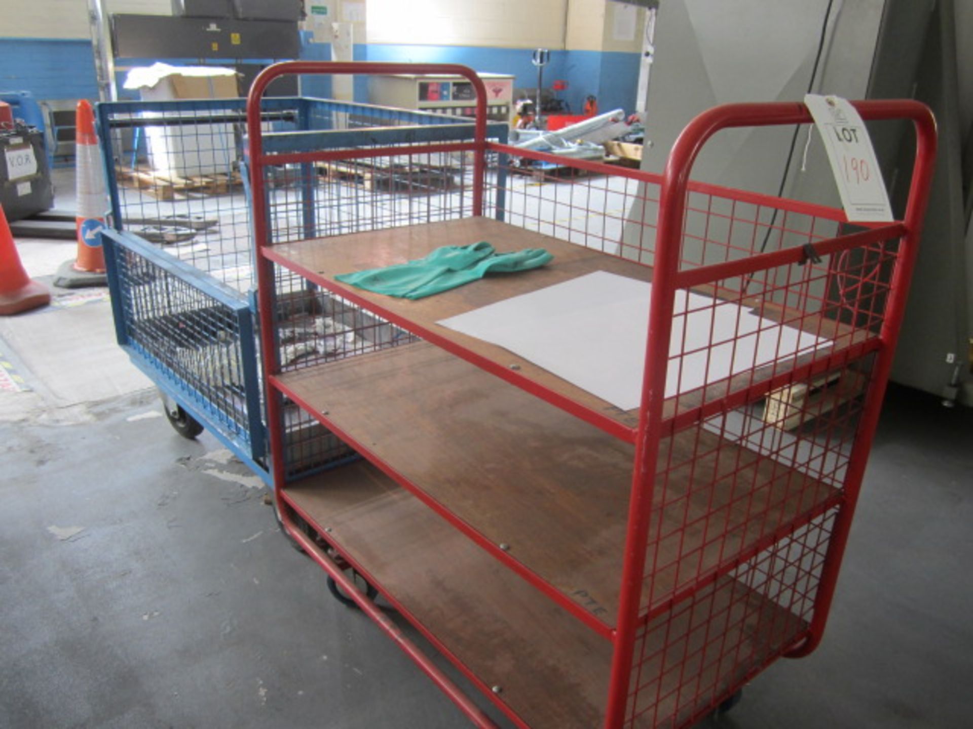 1 x metal mesh sides trolley, 1 x metal frame/ mesh side with 3 shelves. - Lift out charge to be - Image 2 of 2