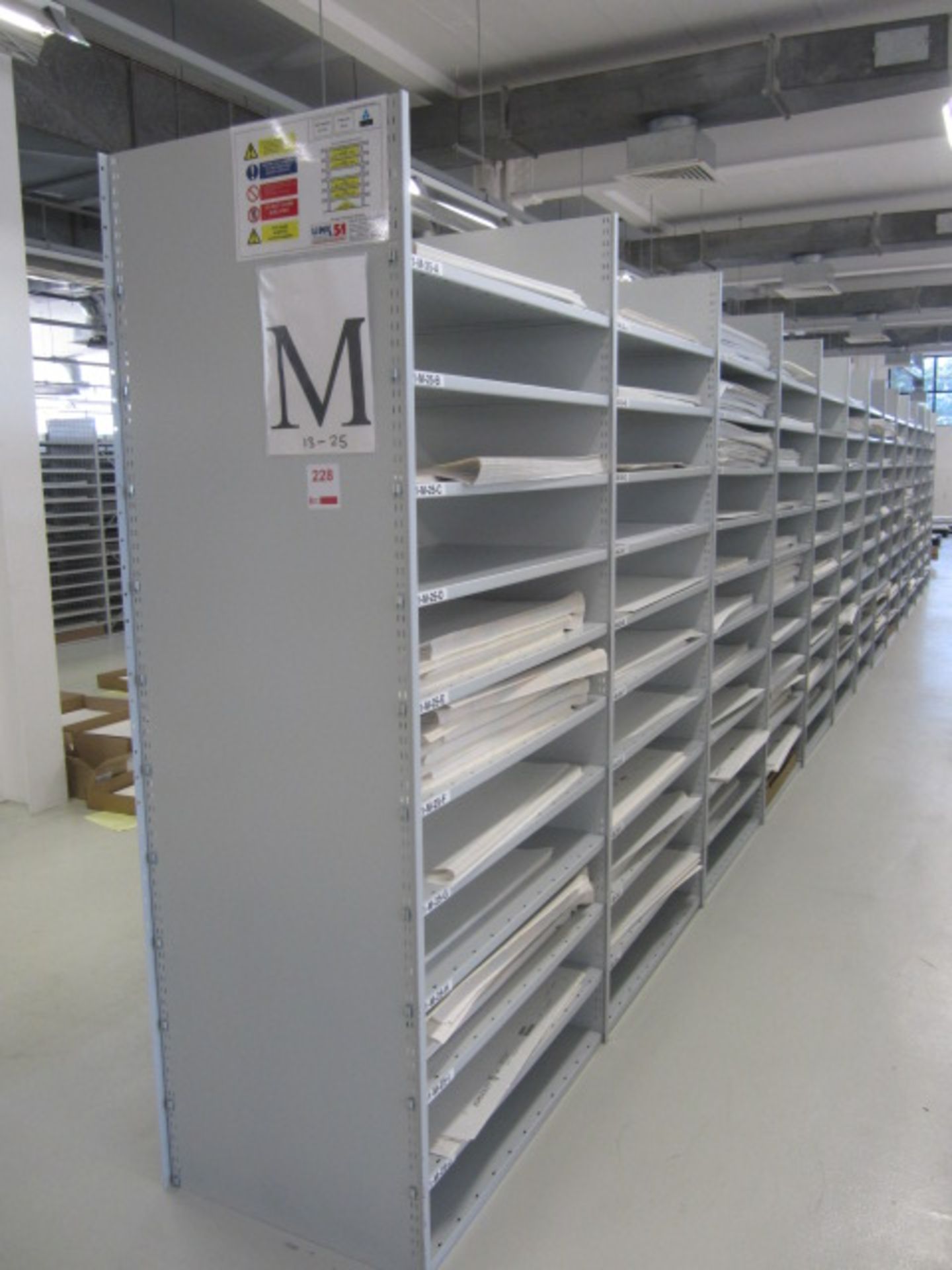 Link 51 metal boltless stores racking comprising: 13 x single sided bays, approx. overall size: 11.