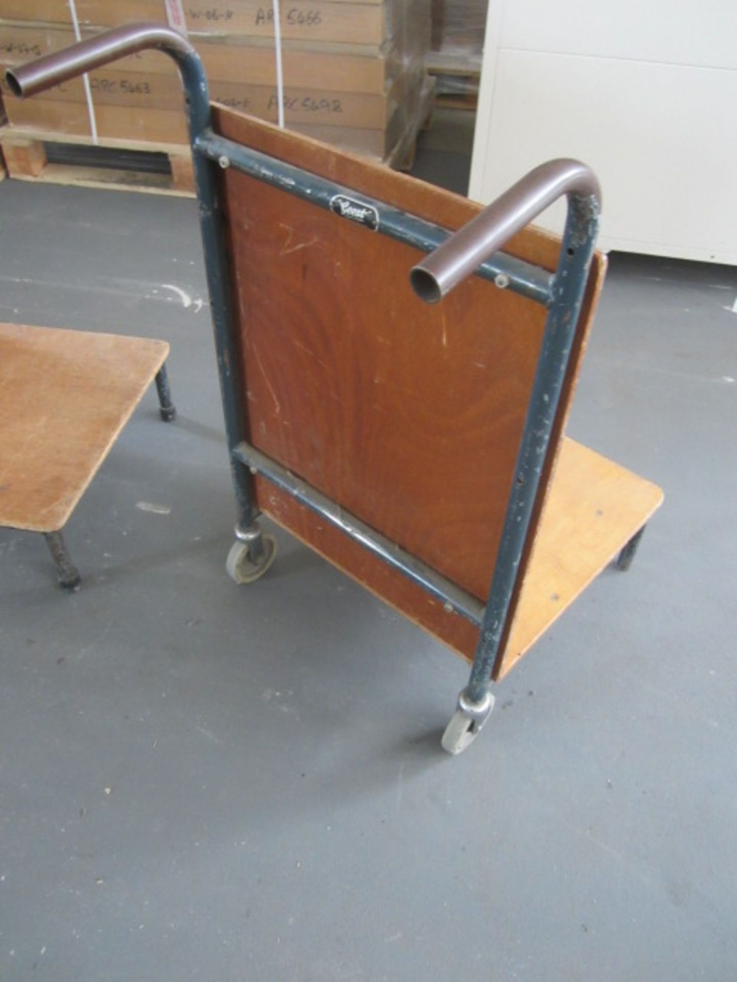 5 x metal frame wood base, back paper movement trollies. - Lift out charge to be applied £5+ vat - Image 3 of 4