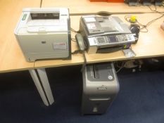 HP Laserjet P2055dn printer, Brother fax machine, Fellowes shredder and Dymo label printer