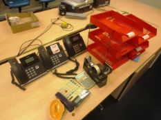 Three Yealink telephone handsets and assorted office stationery as lotted